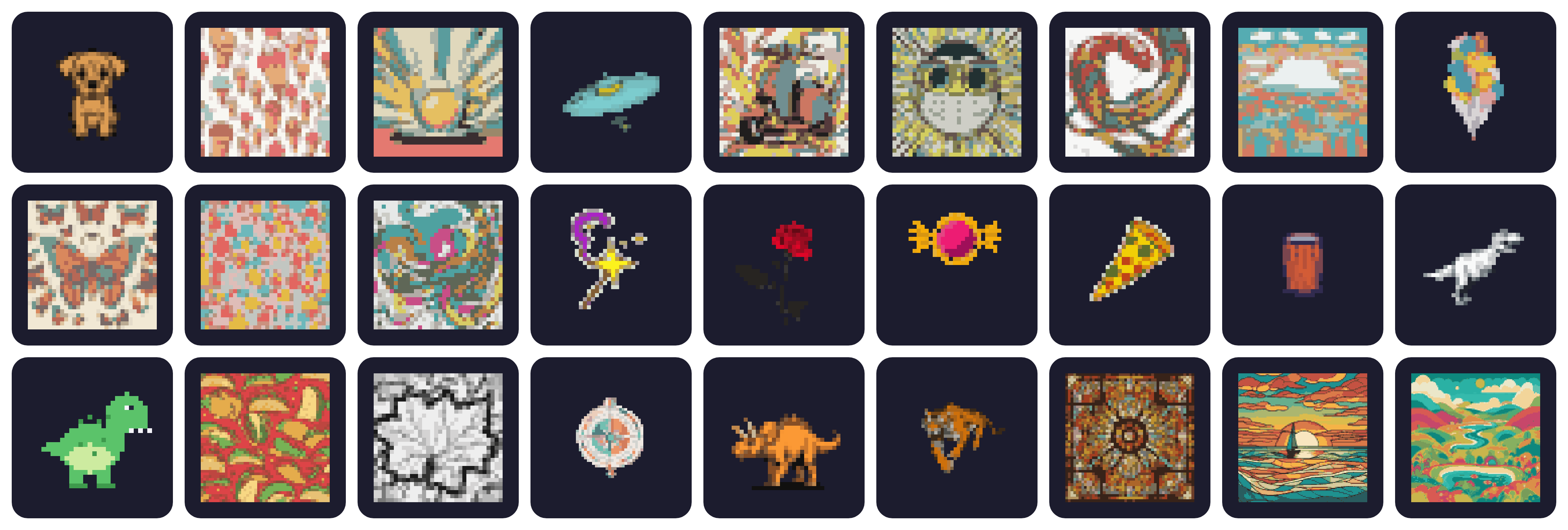 A grid of colorful pixel-art pictures you can color in PixlPaint